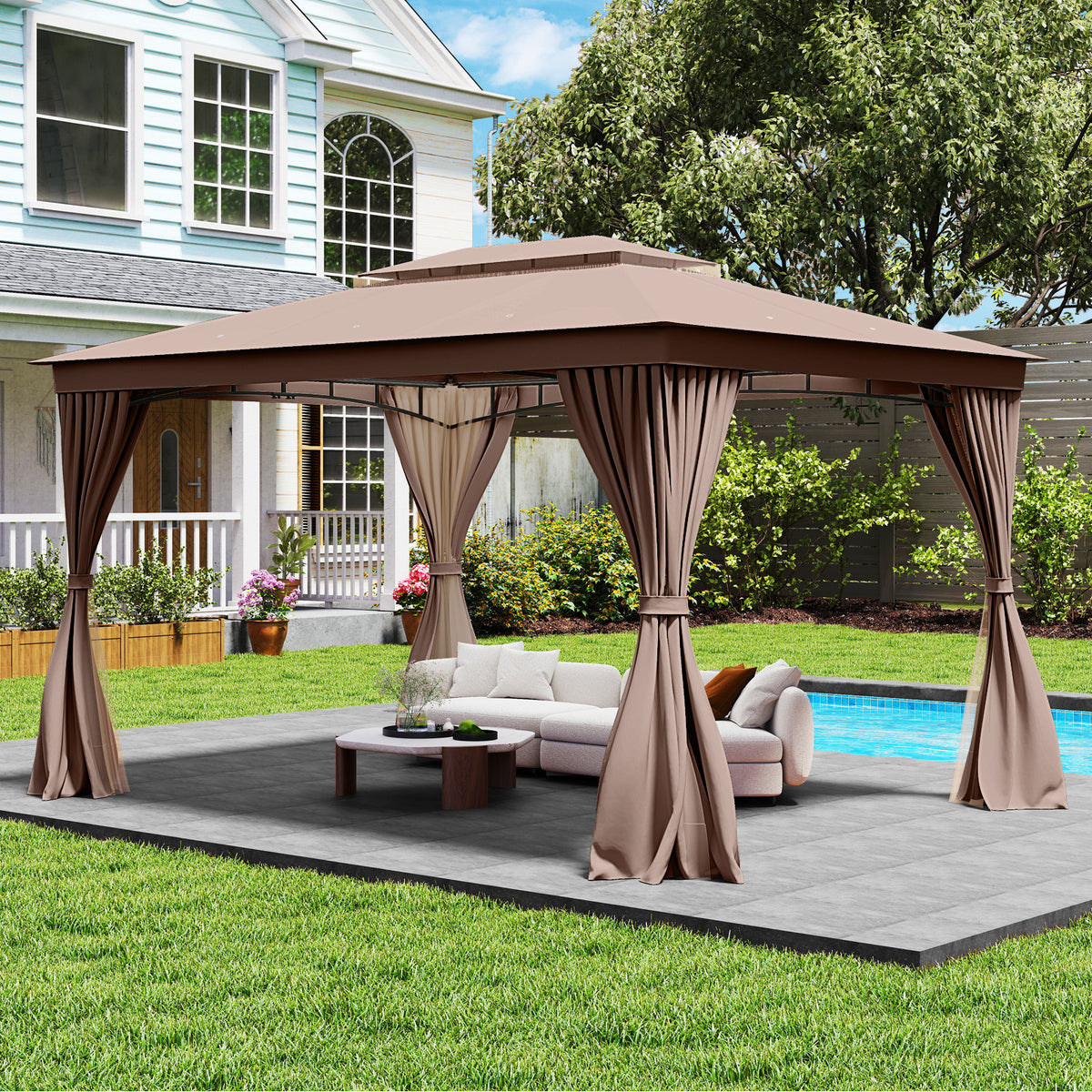 10 x 13 Feet Patio Gazebo with Double-Roof, Mesh Netting & Privacy Curtains – Gray