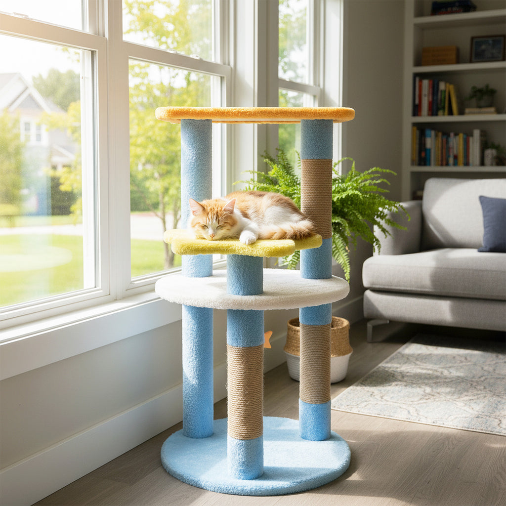 Blue 29-Inch Modern Cat Tree with Moon and Star-Shaped Platforms - Cute & Stable