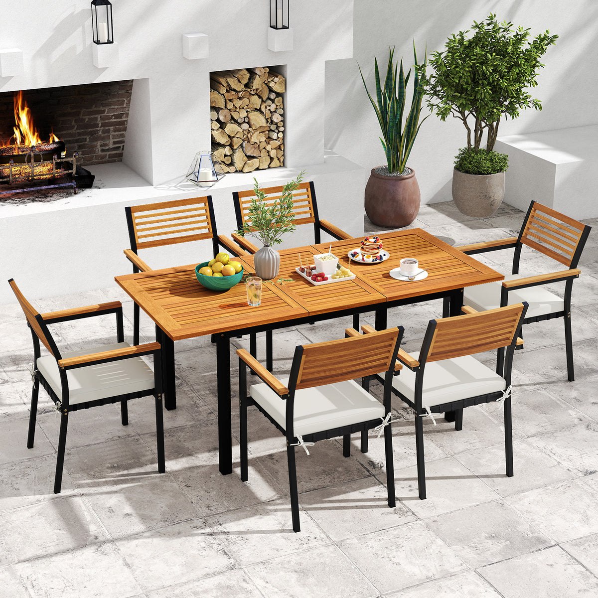 4-8 Person Extendable Solid Wood Dining Table with Umbrella Hole