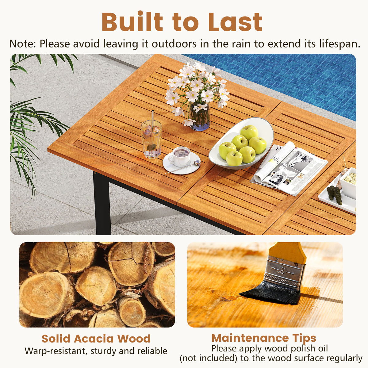4-8 Person Extendable Solid Wood Dining Table with Umbrella Hole