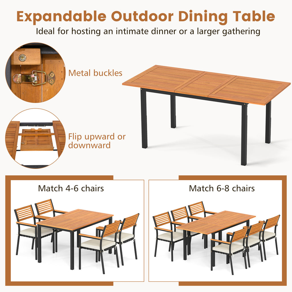 4-8 Person Extendable Solid Wood Dining Table with Umbrella Hole