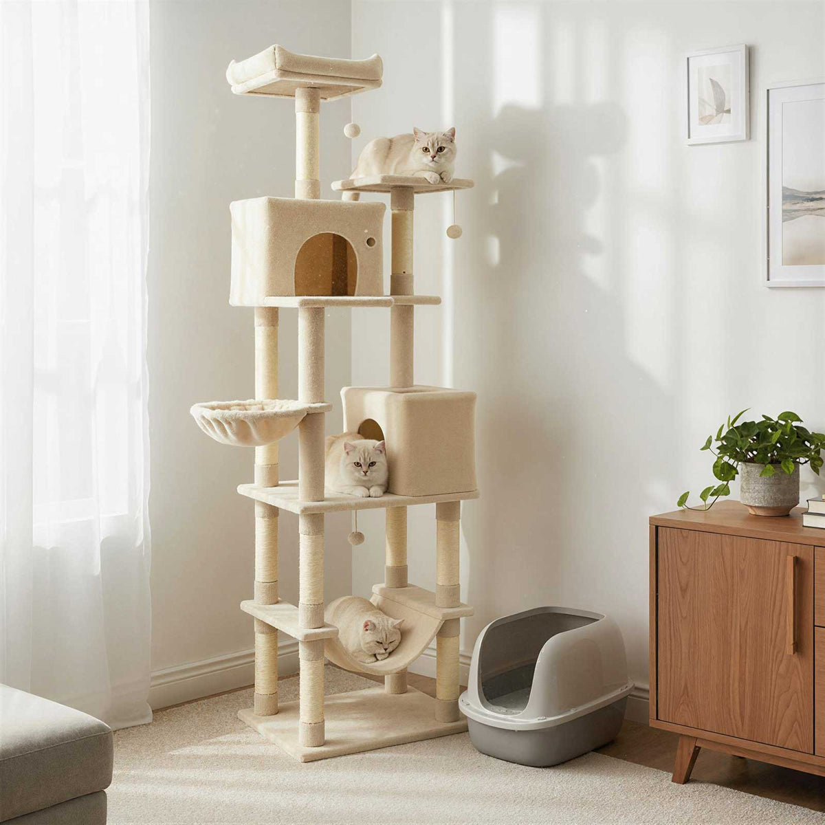 80 Inches Tall Cat Tree with 2 Large Condos, Perches & Dangling Toys - Light Gray