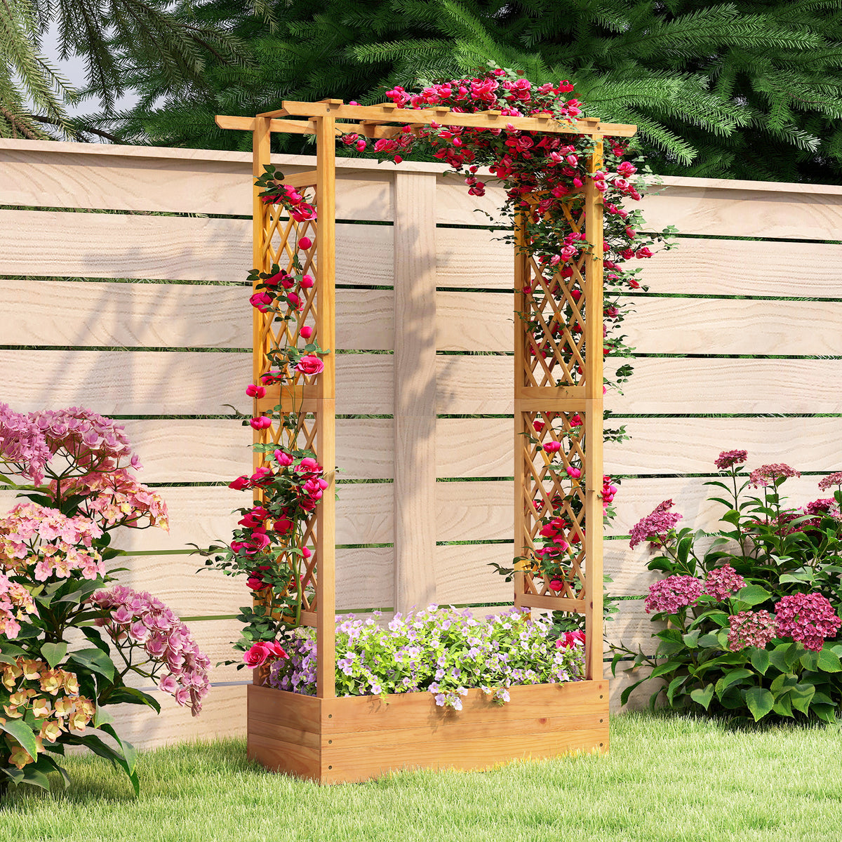 70 Inch Wooden Raised Garden Bed with Lattice Trellis - Natural