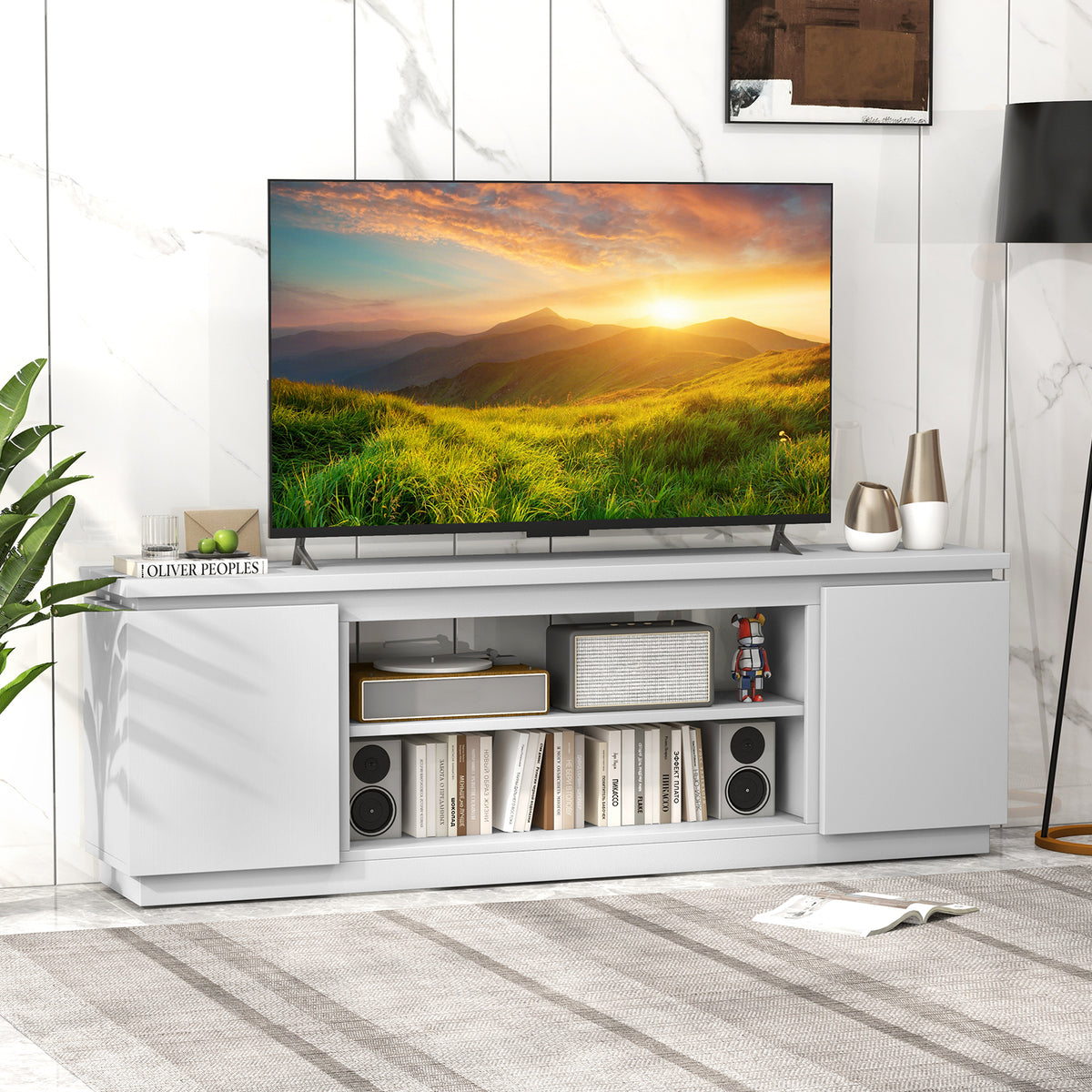 TV Cabinet 80 Inch with Adjustable Shelves - Fireplace Compatible, White
