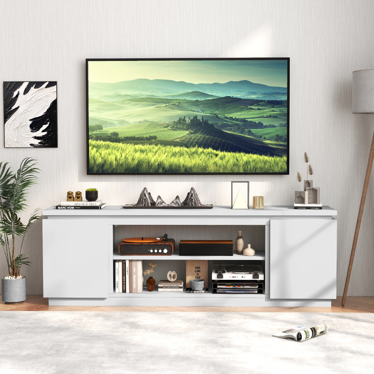 TV Cabinet 80 Inch with Adjustable Shelves - Fireplace Compatible, White