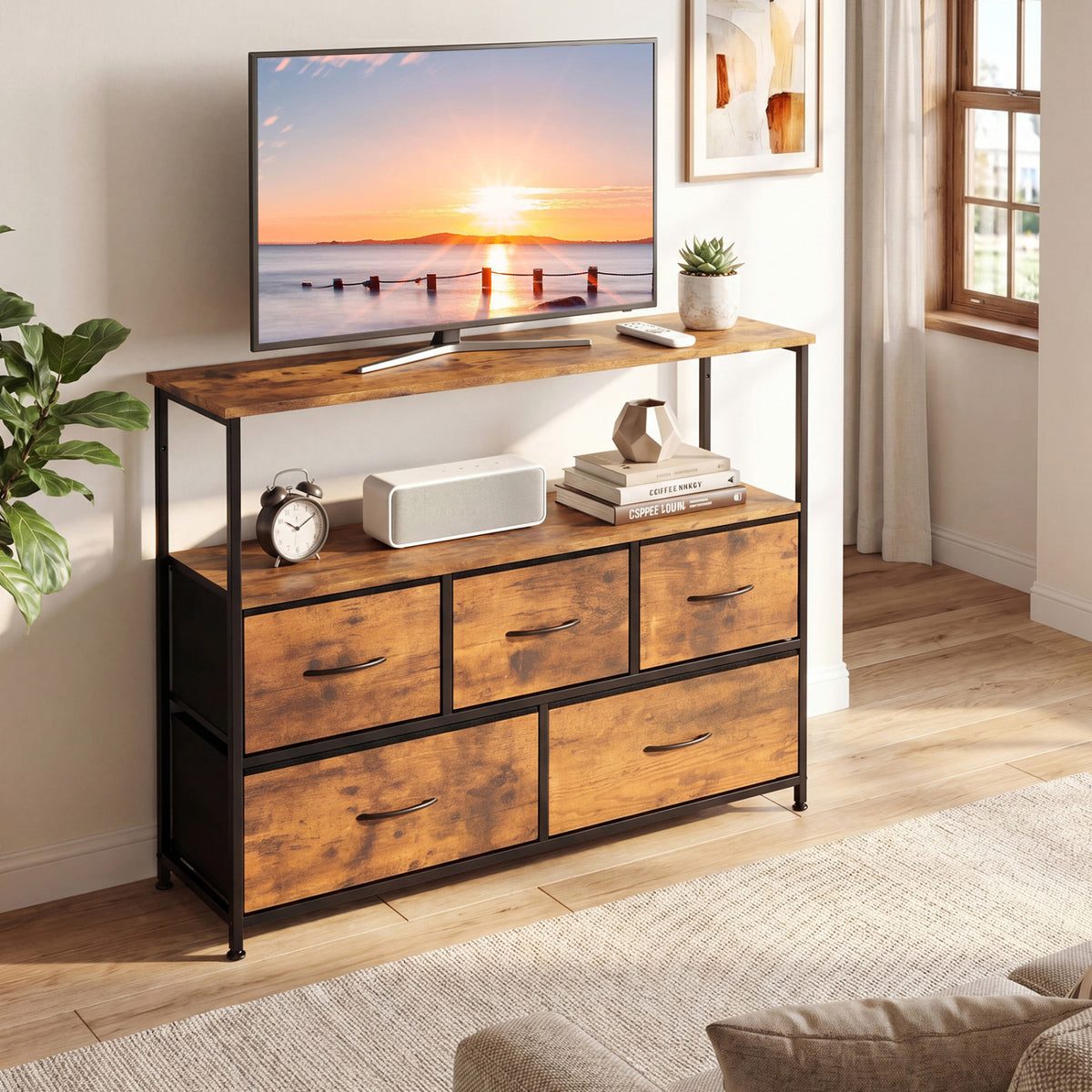 TV Stand Dresser for 45" TV with 5 Fabric Drawers - Brown