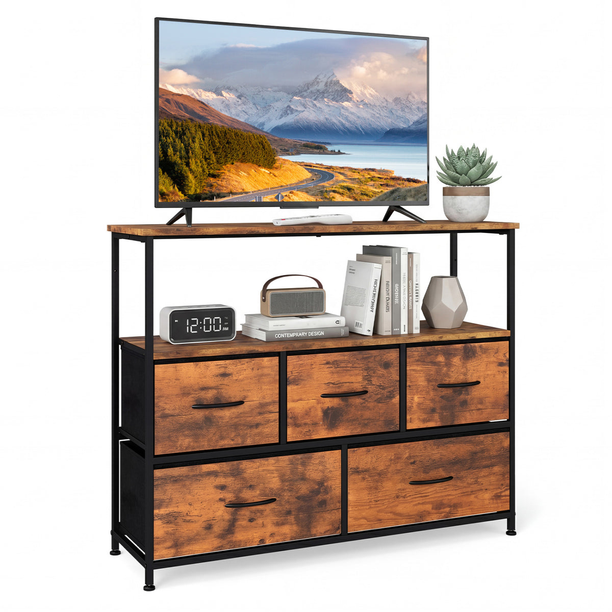 TV Stand Dresser for 45" TV with 5 Fabric Drawers - Brown