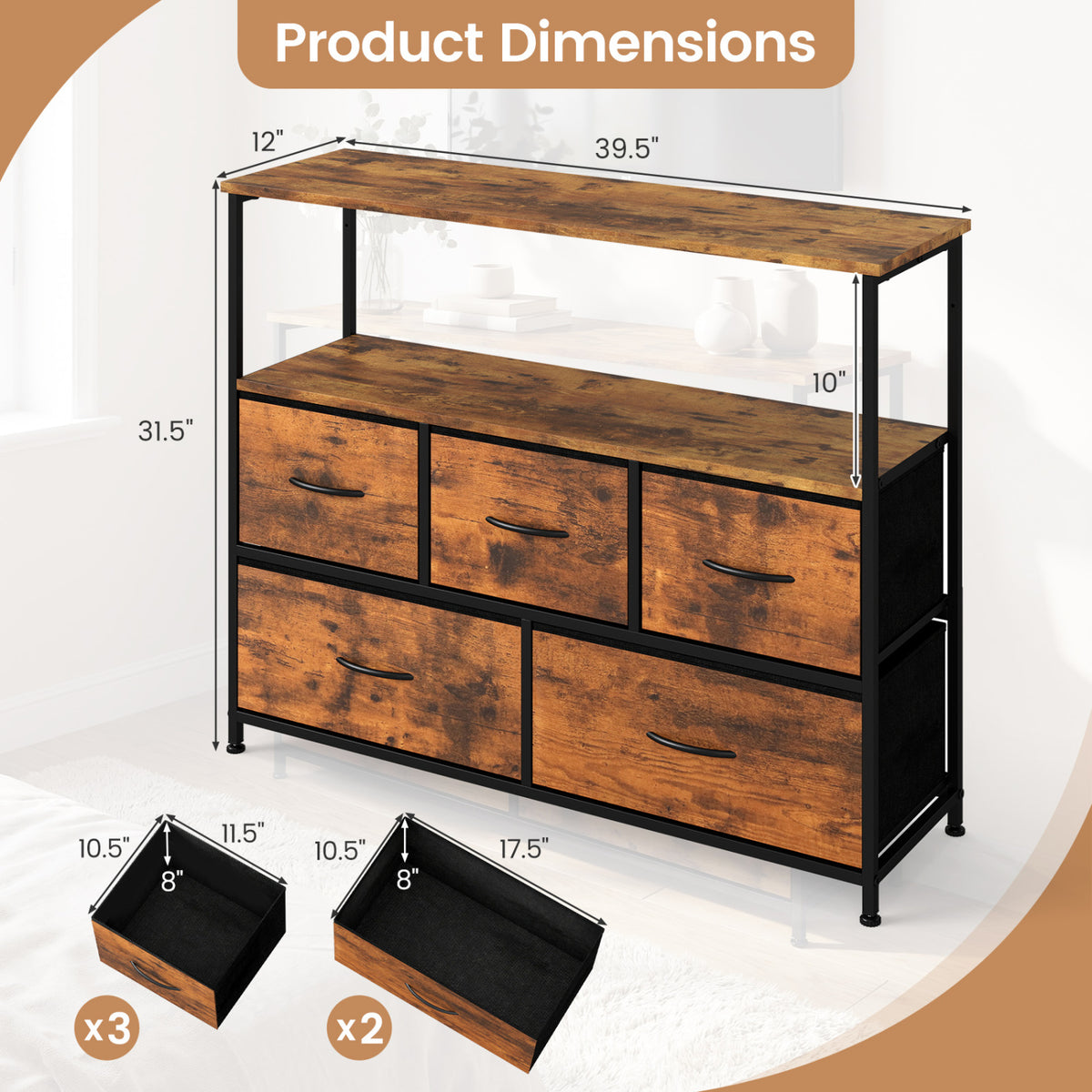 TV Stand Dresser for 45" TV with 5 Fabric Drawers - Brown