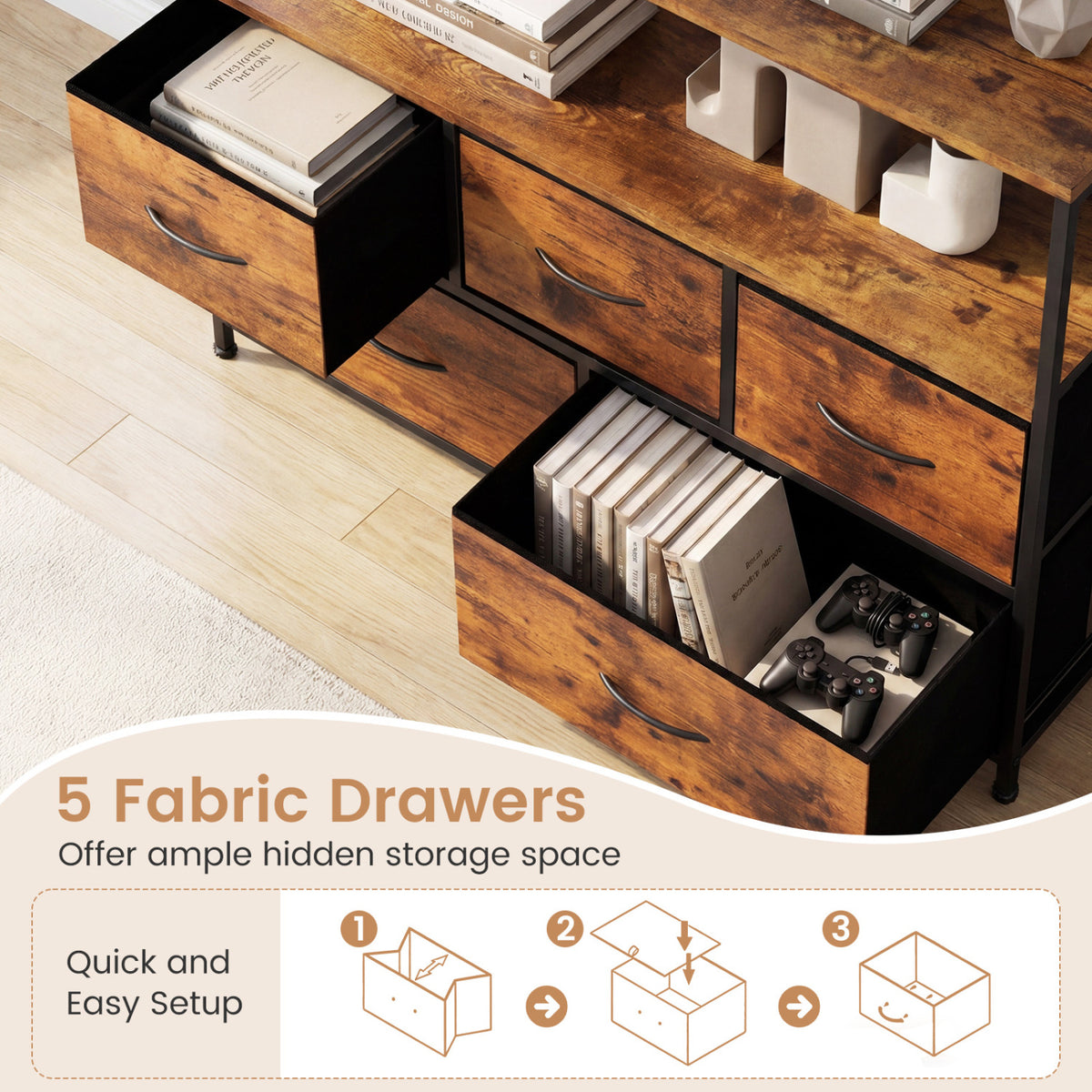 TV Stand Dresser for 45" TV with 5 Fabric Drawers - Brown