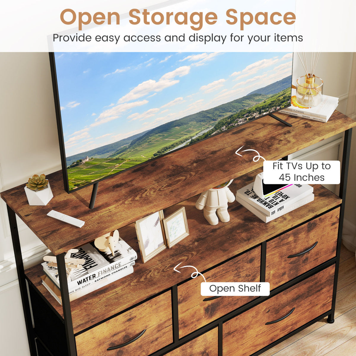 TV Stand Dresser for 45" TV with 5 Fabric Drawers - Brown