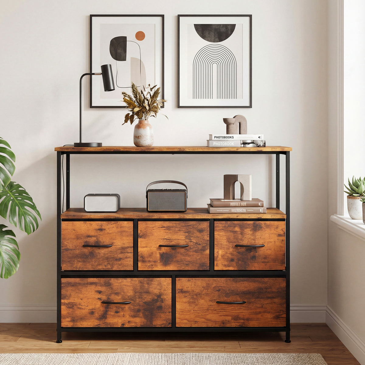 TV Stand Dresser for 45" TV with 5 Fabric Drawers - Brown