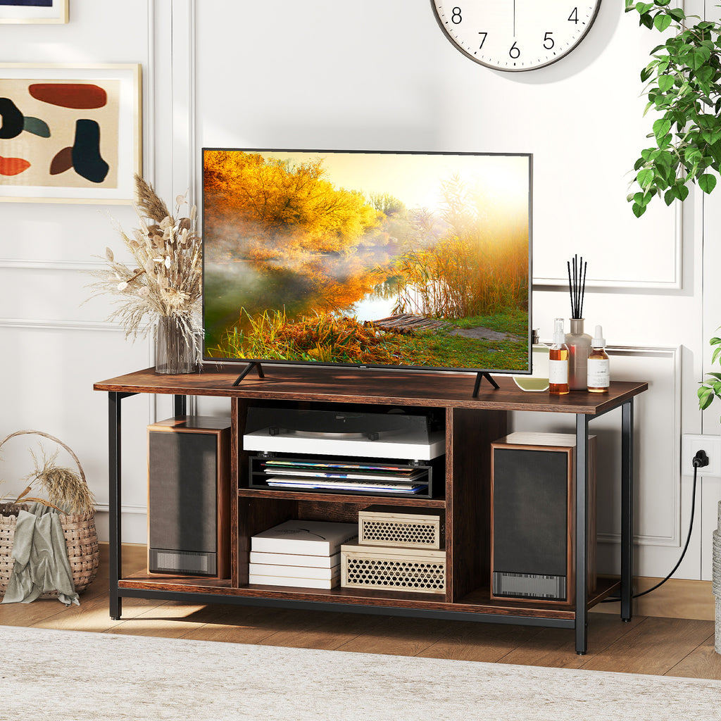TV Stand Entertainment Center with Storage Shelves and Outlets - Rustic Brown