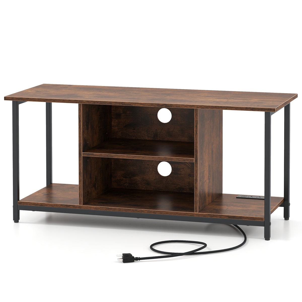 Mid-Century TV Stand 65 inch with Storage Basket, Rustic Brown