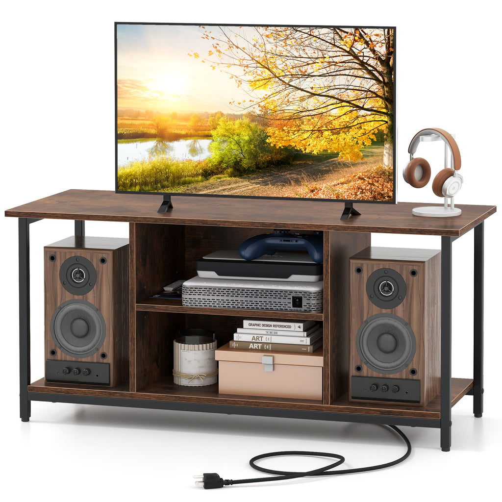 TV Stand Entertainment Center with Storage Shelves and Outlets - Rustic Brown