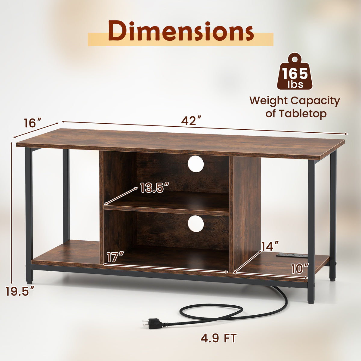 TV Stand Entertainment Center with Storage Shelves and Outlets - Rustic Brown