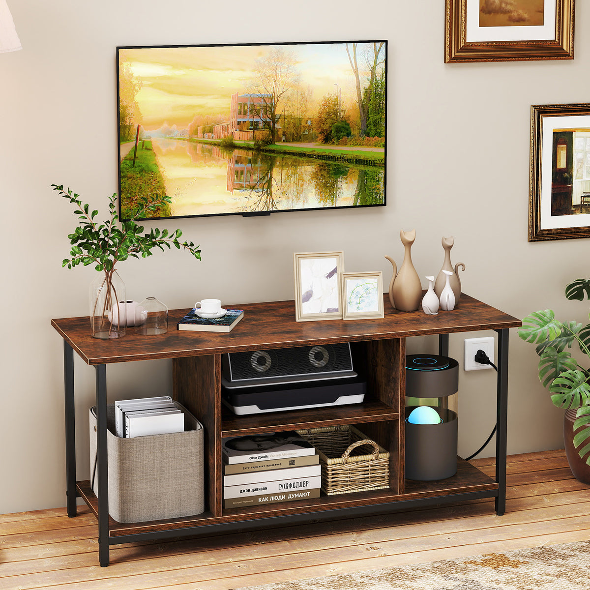 TV Stand Entertainment Center with Storage Shelves and Outlets - Rustic Brown