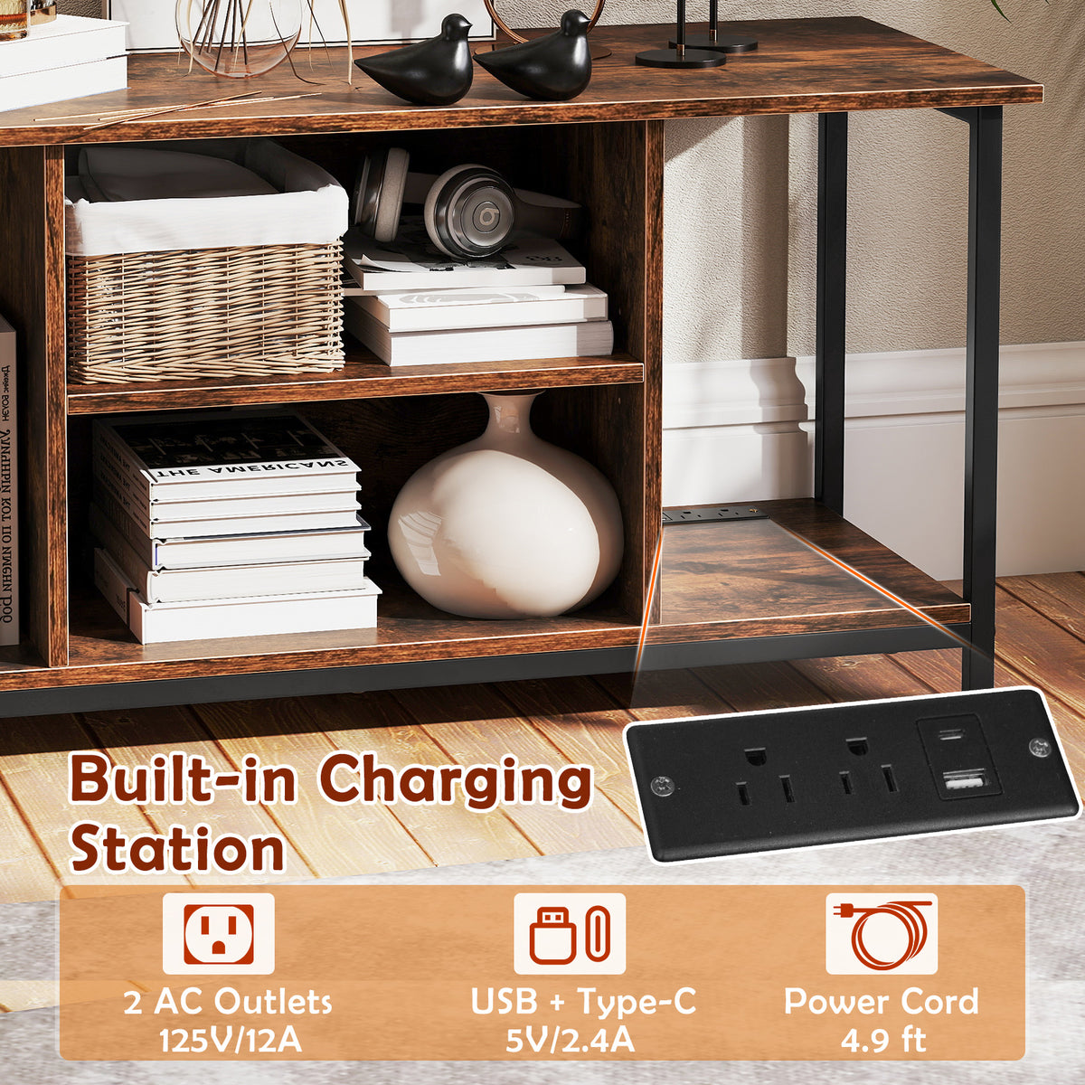TV Stand Entertainment Center with Storage Shelves and Outlets - Rustic Brown