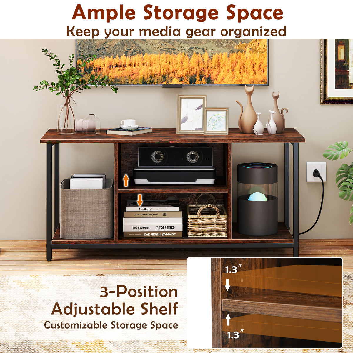 TV Stand Entertainment Center with Storage Shelves and Outlets - Rustic Brown