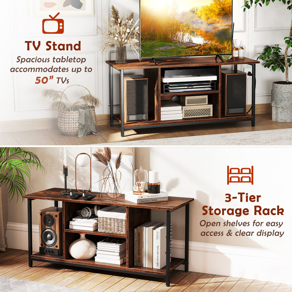TV Stand Entertainment Center with Storage Shelves and Outlets - Rustic Brown