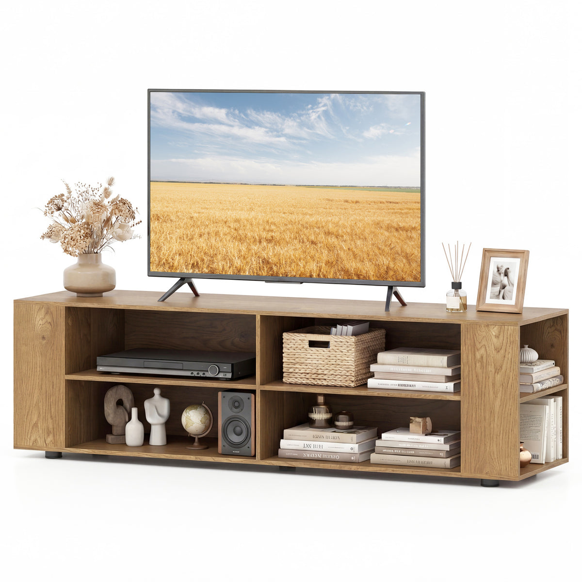 Wooden TV Stand with 8 Open Shelves for 65-Inch TVs - Walnut