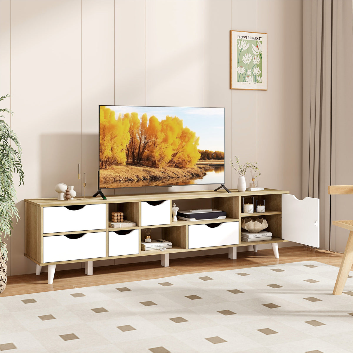 TV Stand for 65" TVs w/ 5 Drawers & 3 Shelves - Oak, 59" x 12"