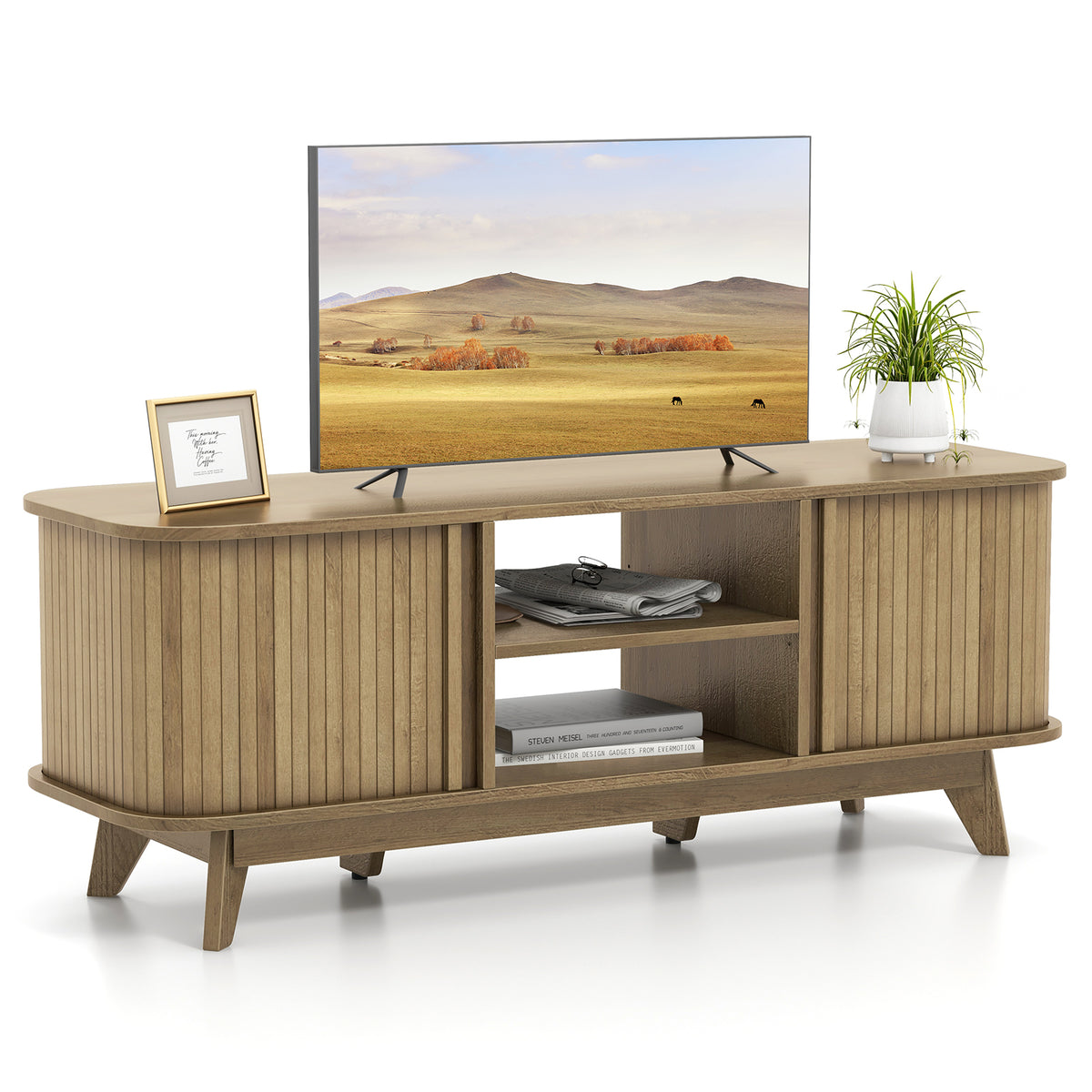 55-Inch TV Stand with Dual Sliding Doors - Oak