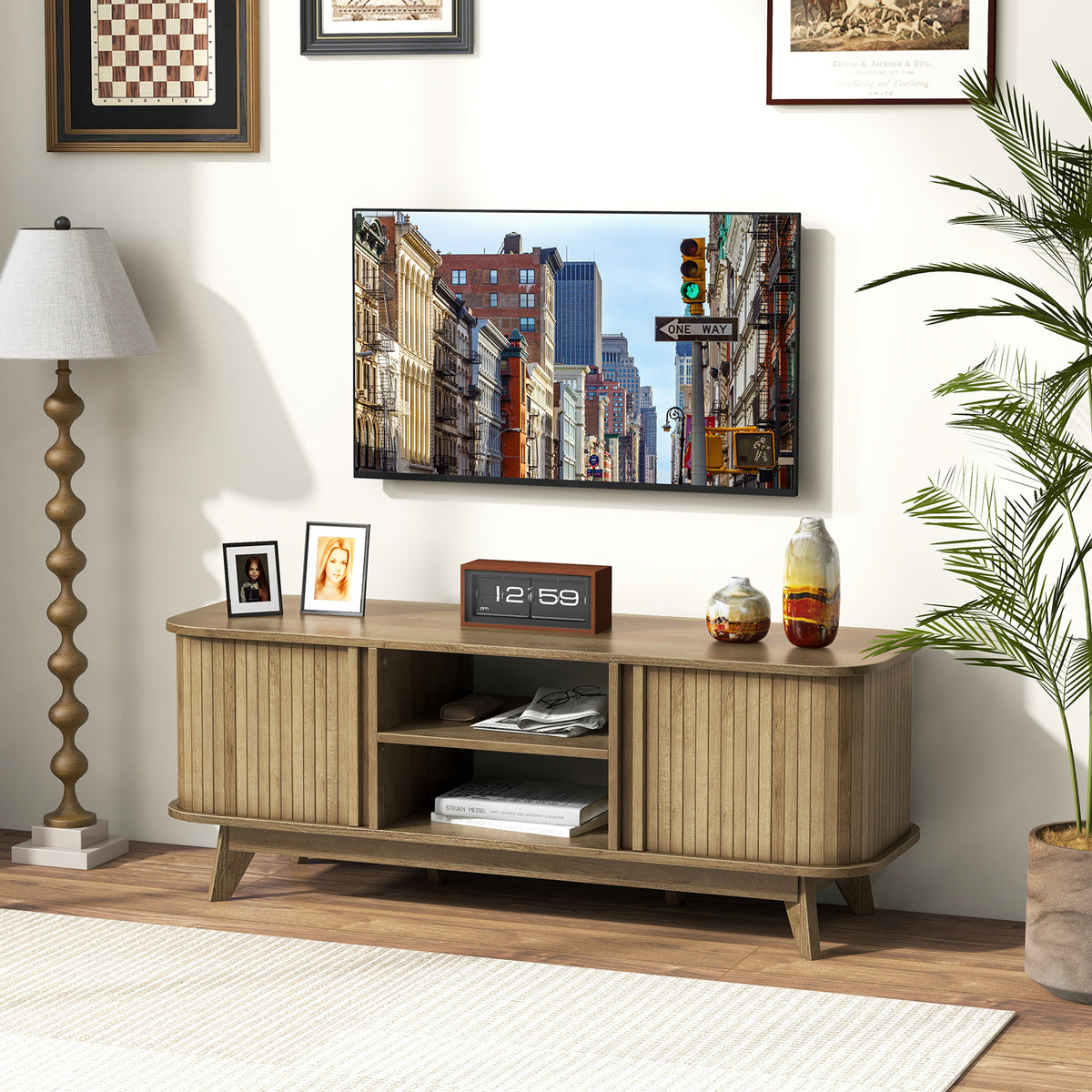 55-Inch TV Stand with Dual Sliding Doors - Oak