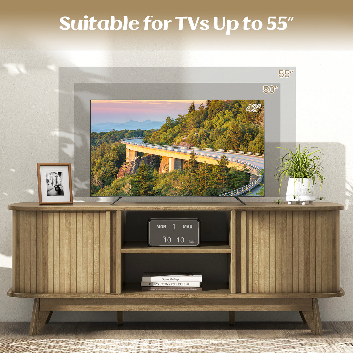 55-Inch TV Stand with Dual Sliding Doors - Oak