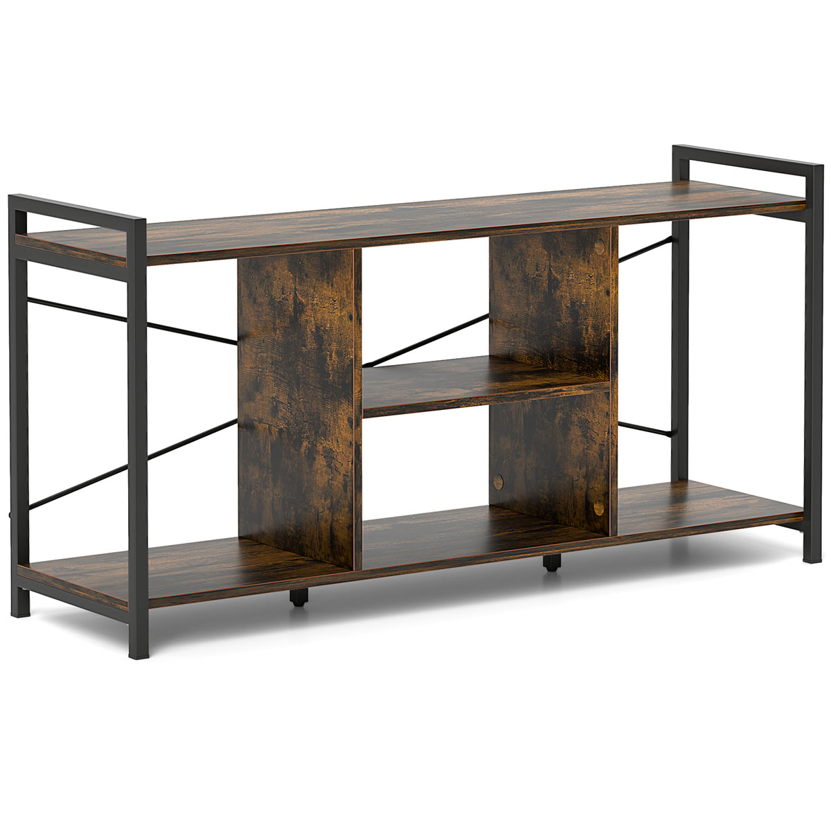 Mid-Century TV Stand 65 inch with Storage Basket, Rustic Brown