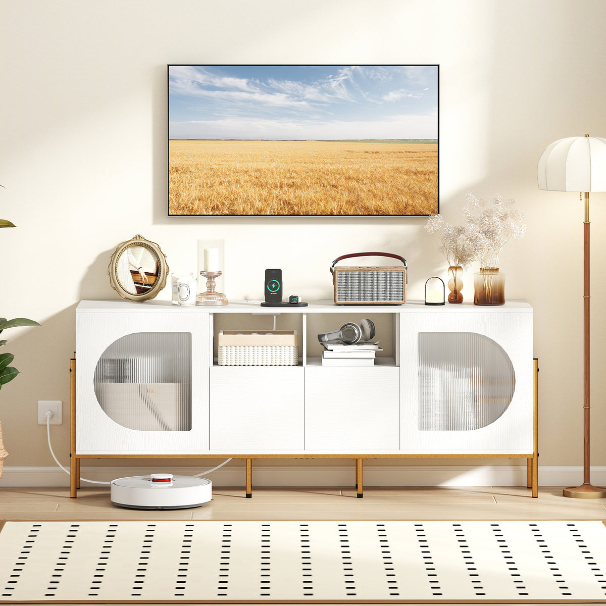TV Stand for 70 Inch TV with Storage Drawers & Outlets - White