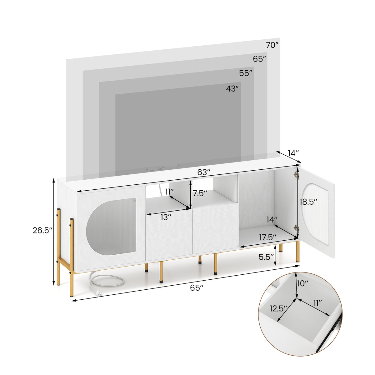 TV Stand for 70 Inch TV with Storage Drawers & Outlets - White