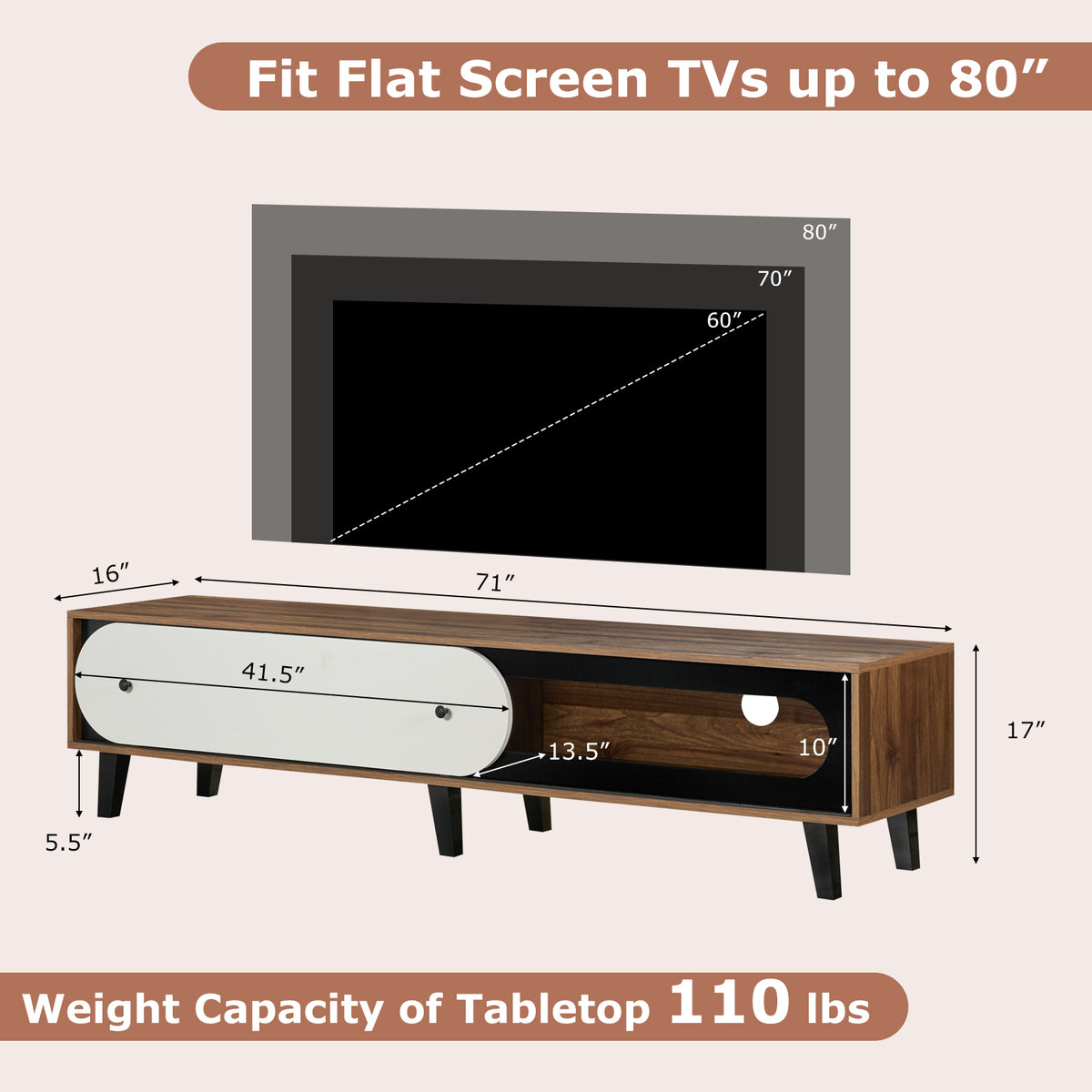 Mid Century Modern TV Stand for 80 Inch TVs, Walnut