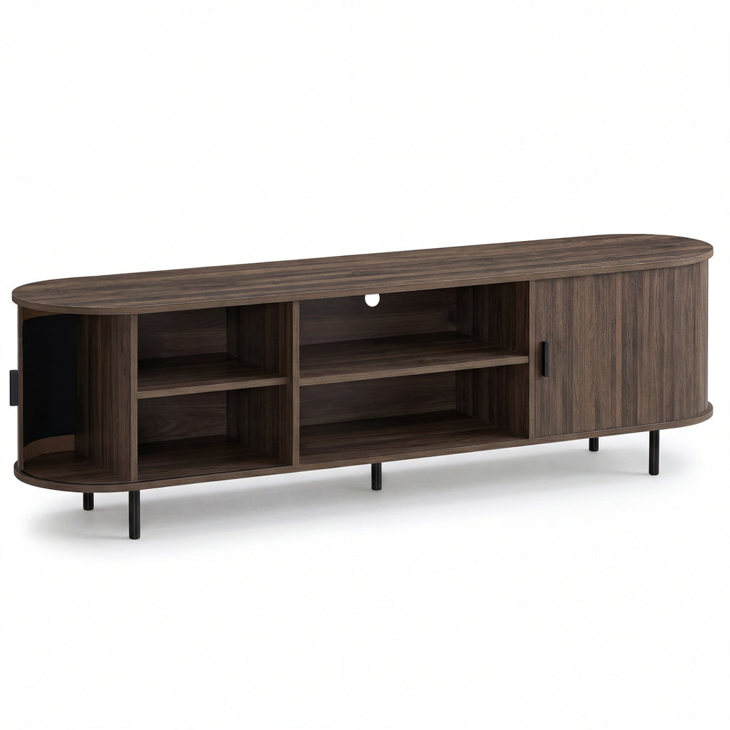 Mid Century Modern TV Stand for 80 Inch TVs with Sliding Doors - Walnut