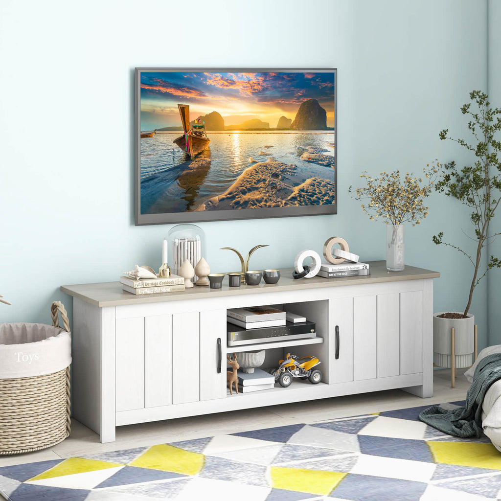 Wood TV Stand with 2 Cabinets & Open Shelves – 65 Inch, Natural