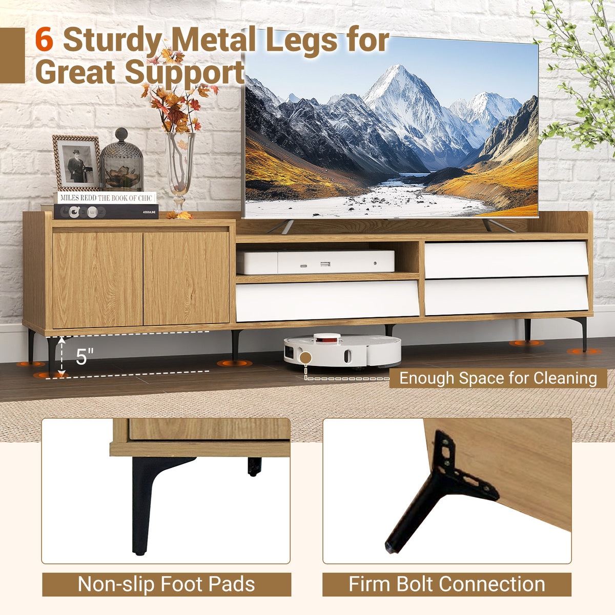 TV Stand for 80 Inch TVs with Storage Cabinet - Natural