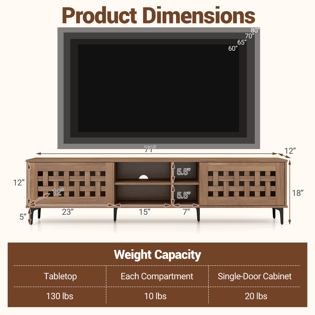 TV Stand for 80" TVs with 2 Doors & Storage - Walnut
