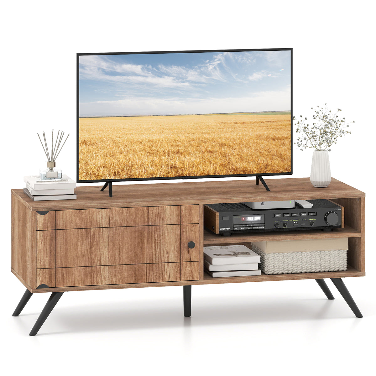 TV Stand for 55" TVs, Mid Century Modern Entertainment Center - Oak