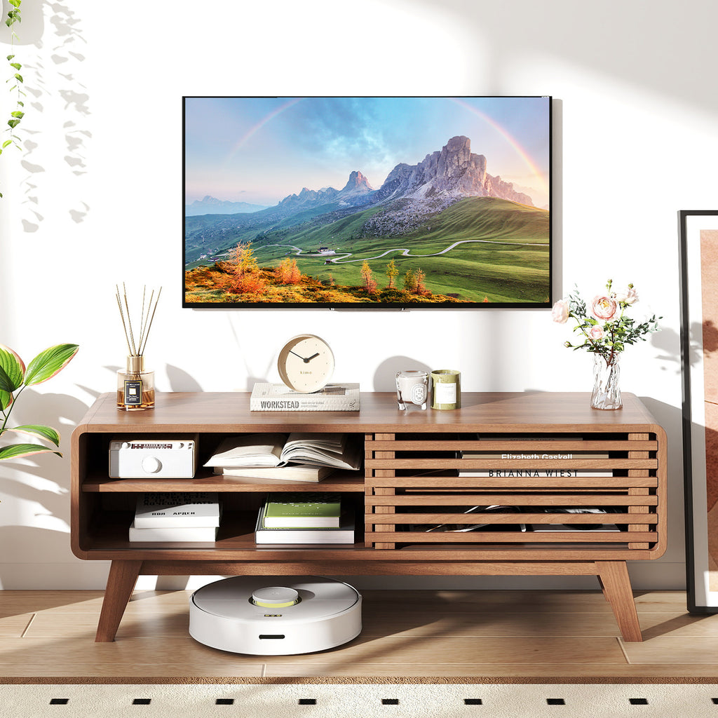 TV Stand for TVs up to 55" with Sliding Door and Adjustable Shelves - Walnut