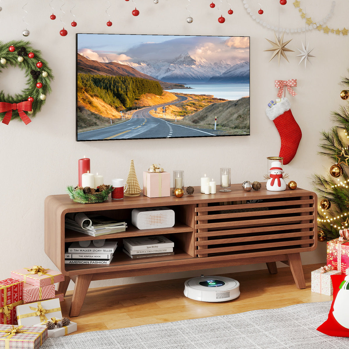 TV Stand for TVs up to 55" with Sliding Door and Adjustable Shelves - Walnut