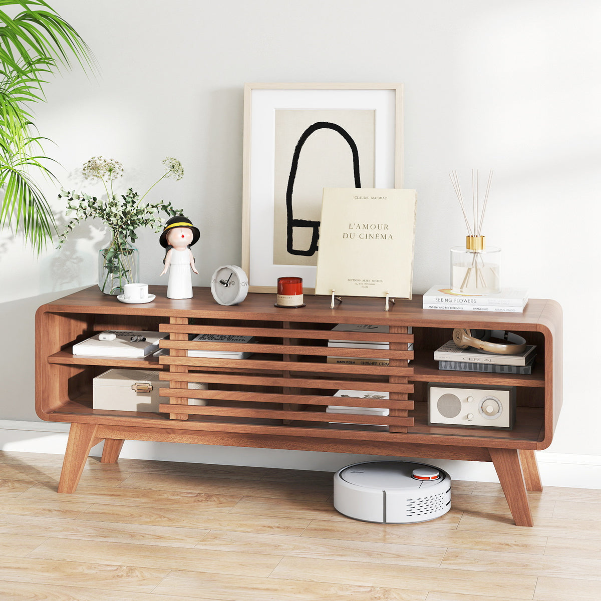 TV Stand for TVs up to 55" with Sliding Door and Adjustable Shelves - Walnut