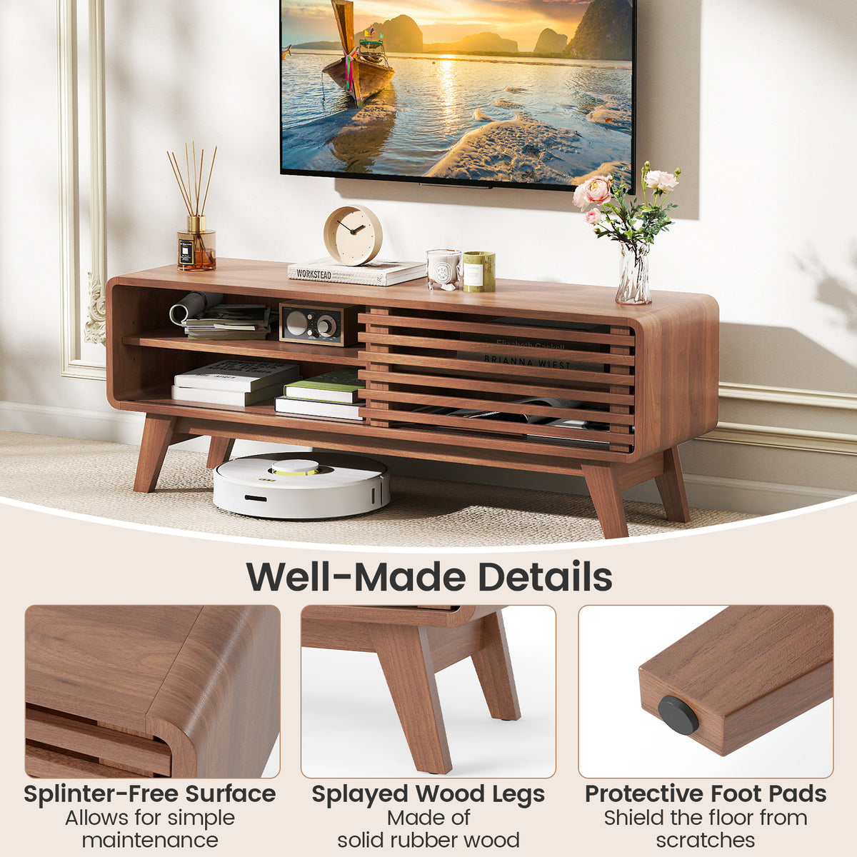 TV Stand for TVs up to 55" with Sliding Door and Adjustable Shelves - Walnut
