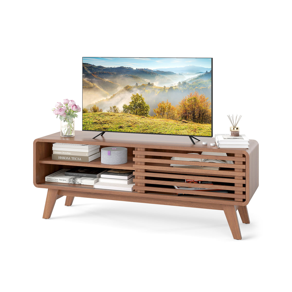 TV Stand for TVs up to 55" with Sliding Door and Adjustable Shelves - Walnut
