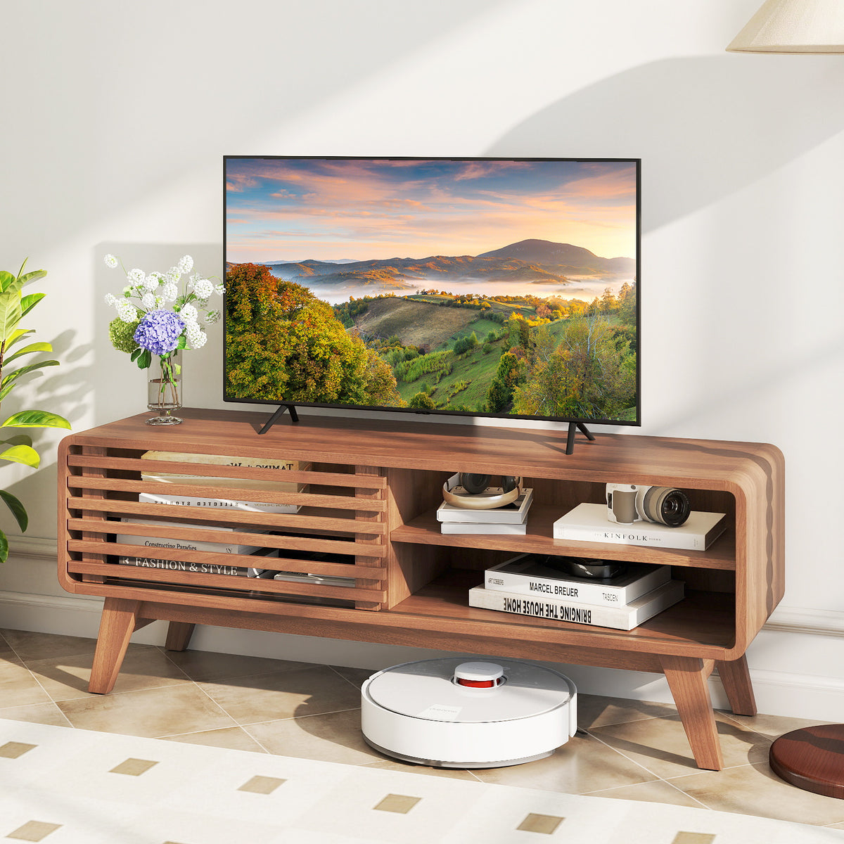 TV Stand for TVs up to 55" with Sliding Door and Adjustable Shelves - Walnut