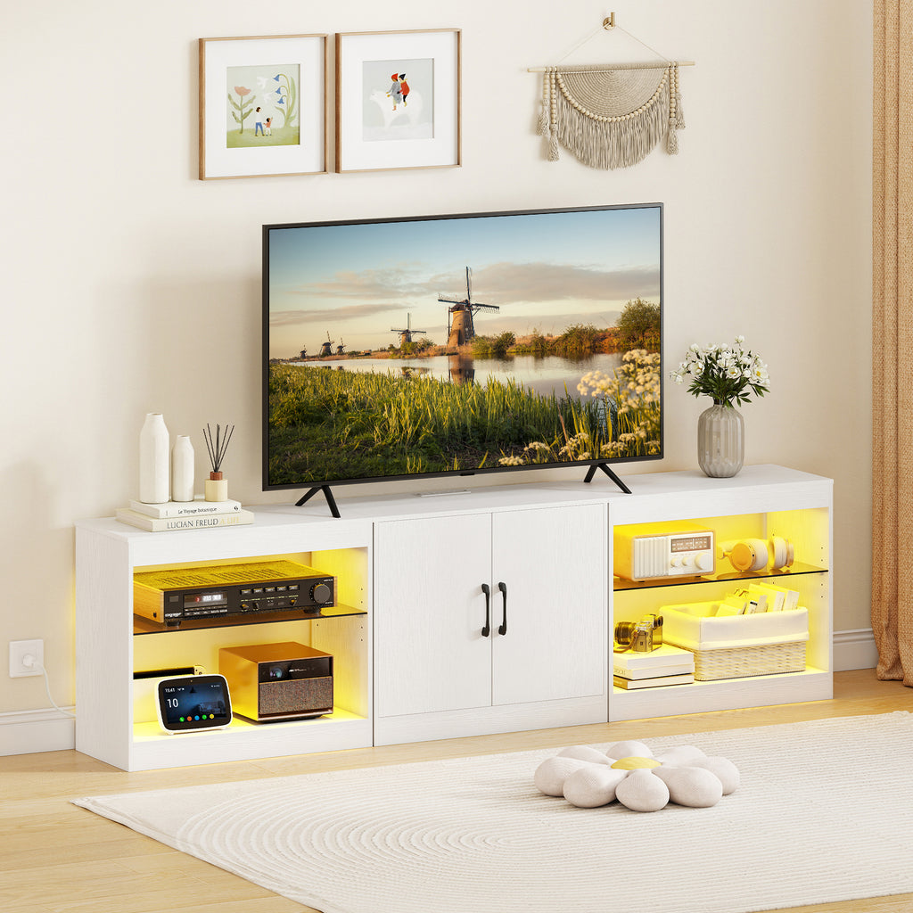 TV Stand for 85 Inch TVs with LED Lights & Power Outlets - White