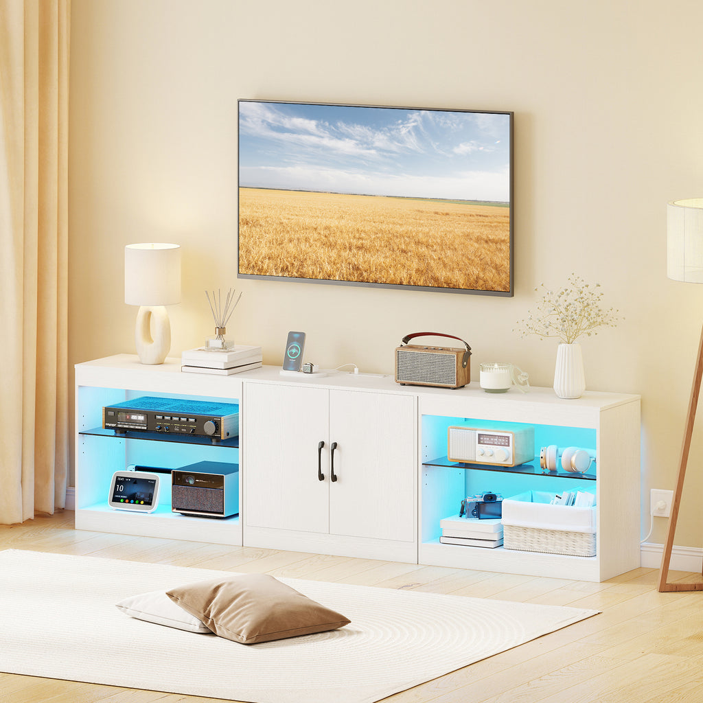 TV Stand for 85 Inch TVs with LED Lights & Power Outlets - White