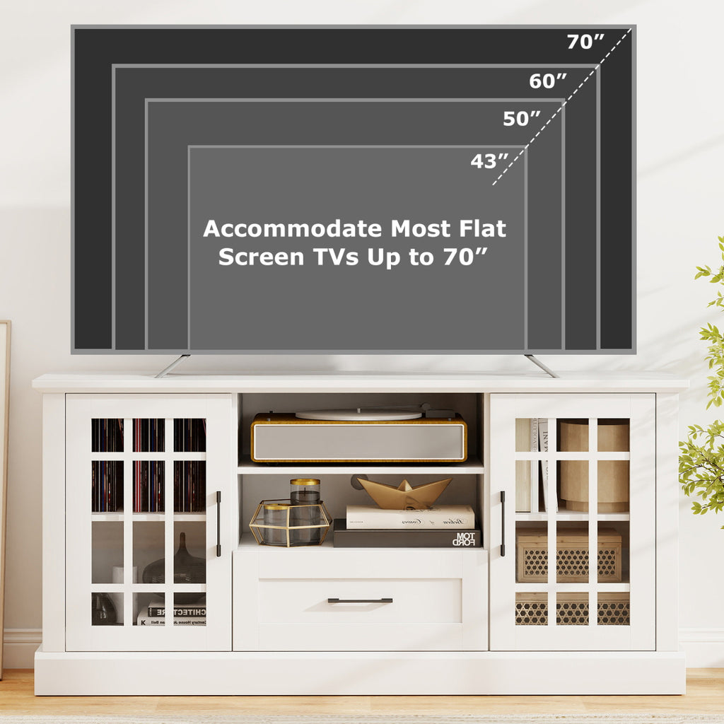 TV Stand for 70" TVs with Glass Doors & Storage - White