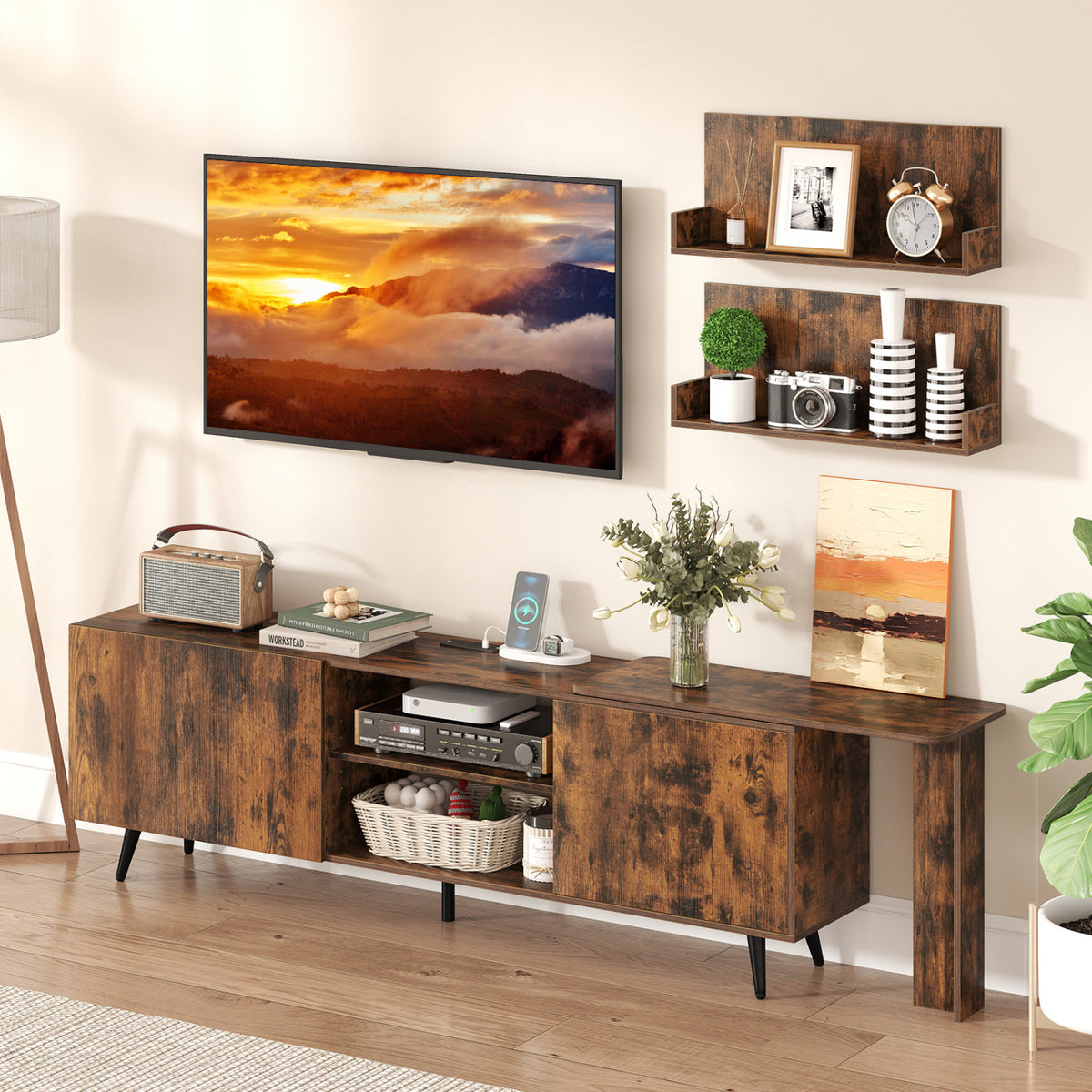 TV Stand for 85 Inch TVs with Wall Shelves & Charging Station - Brown