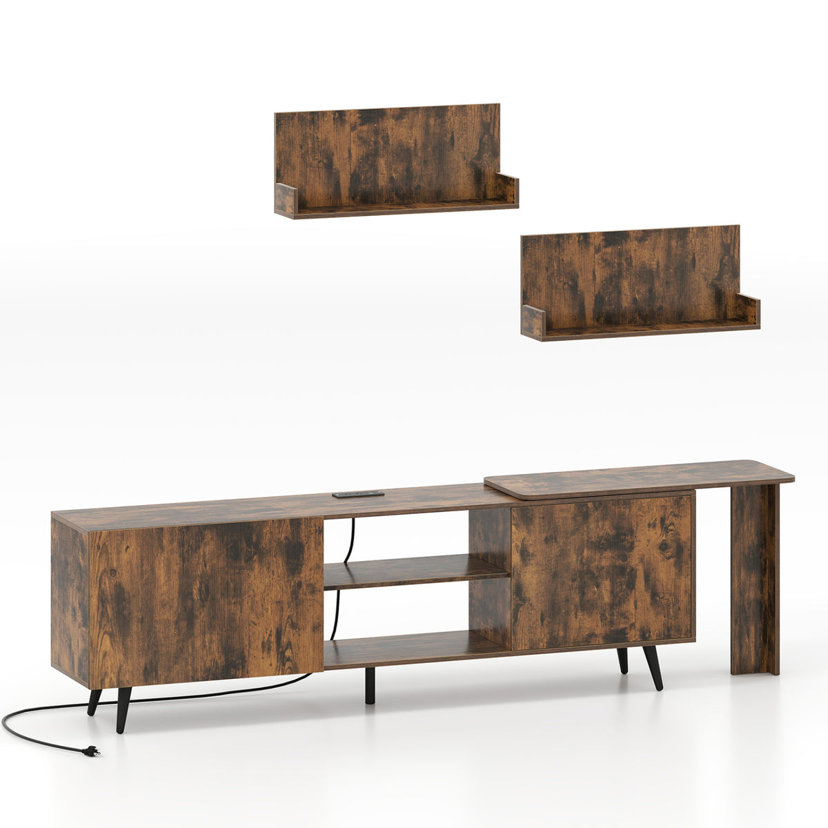 TV Stand for 85 Inch TVs with Wall Shelves & Charging Station - Brown