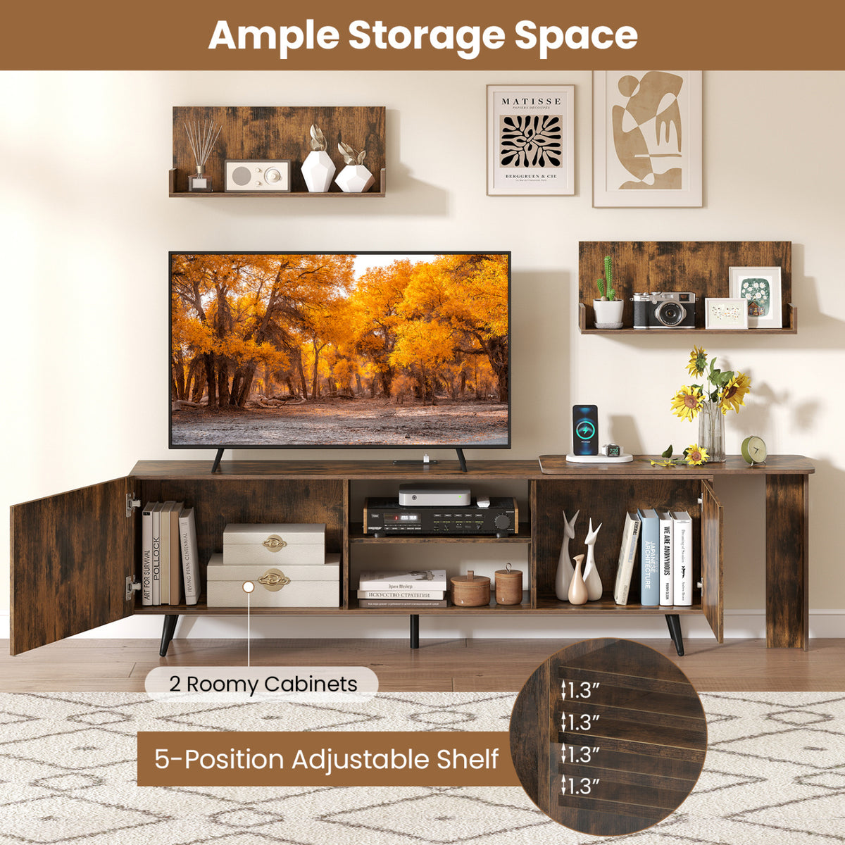 TV Stand for 85 Inch TVs with Wall Shelves & Charging Station - Brown