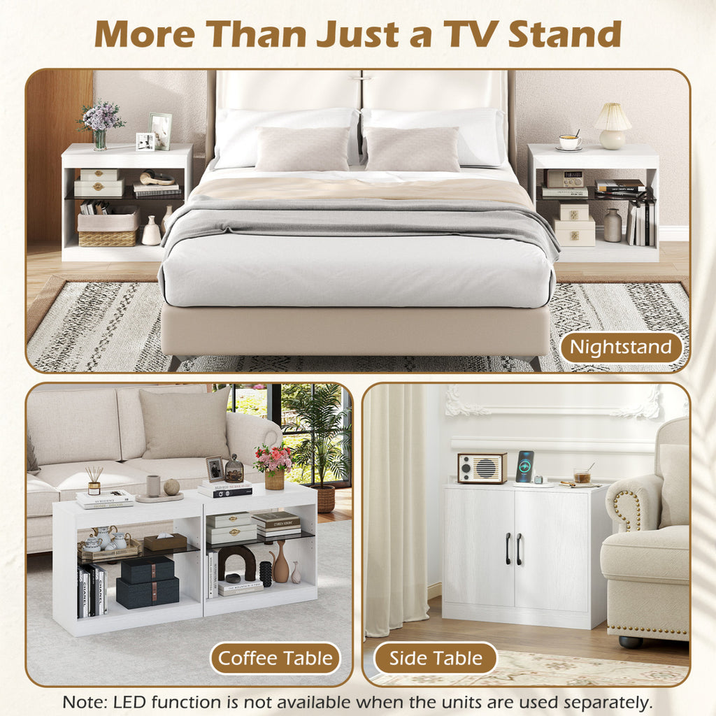 TV Stand for 85 Inch TVs with LED Lights & Power Outlets - White